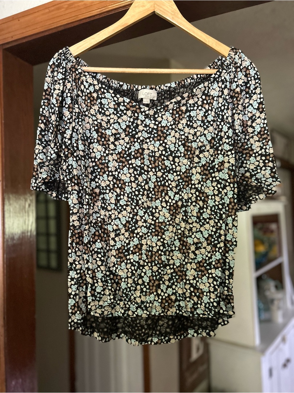 LOFT Black Floral Short-Sleeve Blouse with Light Blue and Brown Flowers